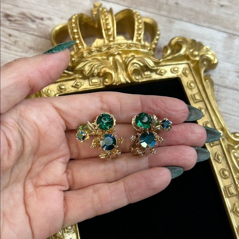 Vintage Gold and Green AB Clip On Earrings